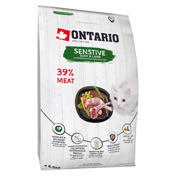 ONTARIO CAT SENSITIVE DERMA sausā kaķu barība Pīle, jērs 6.5kg